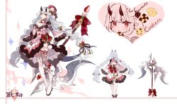 Rule 34 | 1girl, axe, bow, breasts, cleavage, epic seven, eyebrows, food, fruit, hair ornament, highres, horns, large breasts, long hair, long sleeves, looking at viewer, low twintails, nail polish, nevakuma (fanfanas), oni horns, original, red bow, red eyes, sleeves past wrists, standing, strawberry, tongue, tongue out, twintails, weapon, white hair, yufine (epic seven)