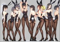 Rule 34 | 6+girls, animal ears, arm at side, armpits, arms behind back, arms behind head, arms up, ass, ass support, back-seamed legwear, bare arms, bare shoulders, between legs, black eyes, black footwear, black hair, black legwear, blonde hair, blunt bangs, blush, bodysuit, bow, bowtie, braid, grabbing another&#039;s breast, breasts, brown eyes, brown hair, brown legwear, cleavage, closed mouth, collarbone, commentary request, contrapposto, covering privates, covering breasts, covering crotch, crossed legs, detached collar, earrings, embarrassed, fake animal ears, fishnet pantyhose, fishnets, from behind, from side, full body, grabbing, grabbing from behind, green eyes, grey background, grey hair, hair ornament, hair over shoulder, hair ribbon, hairband, hairclip, hand between legs, hands on another&#039;s chest, hands on breasts, hands on own ass, hands on own chest, hands on thighs, head tilt, hiding, hiding behind another, high heels, highres, hug, hug from behind, jewelry, large breasts, leotard, lineup, long hair, looking away, looking back, looking down, looking to the side, medium breasts, multiple girls, original, pantyhose, parted bangs, playboy bunny, profile, rabbit ears, rabbit tail, revision, ribbon, seamed legwear, shoes, short hair, simple background, small breasts, smile, smug, spread ass, standing, strapless, strapless leotard, tail, thigh gap, tsukino wagamo, twin braids, twintails, watson cross, wrist cuffs, yuri