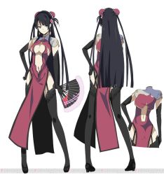 Rule 34 | 1girl, ass, black hair, black thighhighs, blue eyes, breasts, character sheet, chinese clothes, cleavage, cleavage cutout, closed mouth, clothing cutout, dengeki bunko, earrings, flower, folding fan, garter straps, gloves, hair bun, hair flower, hair ornament, hair tubes, hand fan, hand on own hip, high heels, ikawa waki, jewelry, large breasts, long hair, looking at viewer, lu niang-lan, mitou shoukan://blood sign, multiple views, navel, official art, side slit, single hair bun, thighhighs, watermark