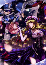 Rule 34 | 2girls, adapted costume, blonde hair, blue sky, blurry, bow, breasts, cherry blossoms, choker, cleavage, closed eyes, cloud, collar, collarbone, corset, day, depth of field, dress, elbow gloves, frilled collar, frilled shirt collar, frilled sleeves, frills, full moon, gap (touhou), gloves, hair bow, hand on another&#039;s face, hand on own stomach, hat, hat ribbon, highres, japanese clothes, kimono, kirieroido iii, light particles, long hair, long sleeves, looking at viewer, medium breasts, mob cap, moon, moonlight, multiple girls, night, night sky, obi, parted lips, petals, pink hair, purple dress, purple eyes, red eyes, ribbon, ribbon choker, saigyouji yuyuko, sash, short hair, short sleeves, sideways glance, sky, smile, teeth, touhou, very long hair, white gloves, wide sleeves, wind, yakumo yukari