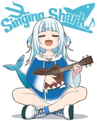 Rule 34 | 1girl, animal hood, blue hair, blunt bangs, fins, fish tail, gawr gura, genny, grey hair, hair ornament, hololive, hololive english, hood, instrument, long hair, medium hair, multicolored hair, open mouth, shark girl, shark hair ornament, shark hood, shark tail, sharp teeth, shoes, sneakers, solo, streaked hair, tail, teeth, two side up, ukulele, virtual youtuber, wide sleeves