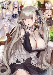 Rule 34 | 4girls, apron, azur lane, belfast (azur lane), between breasts, black dress, black nails, blush, braid, breasts, brown eyes, chain, choker, cleavage, closed eyes, collar, commentary request, couch, covered erect nipples, curtains, deras, dress, earrings, elbow gloves, finger to mouth, formidable (azur lane), french braid, frilled apron, frilled choker, frilled dress, frilled gloves, frills, garter straps, gloves, grey hair, grin, hair between eyes, hairband, hat, highres, illustrious (azur lane), indoors, jewelry, lace-trimmed hairband, lace-trimmed headwear, lace trim, large breasts, long hair, looking at viewer, looking to the side, low ponytail, maid, maid apron, maid headdress, multiple girls, nail polish, plant, platinum blonde hair, red eyes, ribbon, short hair, sirius (azur lane), sitting, smile, strapless, strapless dress, sun hat, thighhighs, thighs, twintails, two-tone dress, two-tone ribbon, very long hair, white apron, white dress, white frills, white gloves, white headwear, window