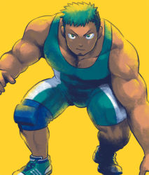 Rule 34 | 1boy, bara, black hair, dark-skinned male, dark skin, facial hair, feet out of frame, fighting stance, full body, goatee, green eyes, green footwear, green hair, ikusaba daisuke, knee pads, large pectorals, looking at viewer, male focus, multicolored hair, muscular, muscular male, pectorals, resolution mismatch, short hair, sideburns, simple background, singlet, solo, source larger, taurus mask, thick arms, thick thighs, thighs, tokyo houkago summoners, tsuna (so da77), two-tone hair, wrestling outfit, yellow background