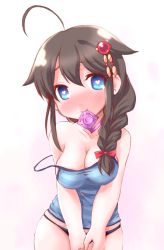 Rule 34 | 10s, 1girl, black panties, blue eyes, blush, bra, braid, breasts, brown hair, camisole, cleavage, condom, condom in mouth, fingerless gloves, gloves, gradient background, hair over shoulder, heart, heart-shaped pupils, highres, kanon (kurogane knights), kantai collection, large breasts, mouth hold, necktie, off shoulder, panties, remodel (kantai collection), shigure (kancolle), single braid, solo, strap slip, symbol-shaped pupils, tank top, underwear, underwear only
