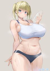 Rule 34 | 1girl, arm behind back, aymusk, black buruma, blonde hair, blue eyes, blush, bottle, breasts, buruma, cleavage, closed mouth, collarbone, covered erect nipples, cowboy shot, curvy, embarrassed, freckles, freckles-chan (aymusk), grey background, highres, holding, holding bottle, large breasts, medium hair, nail polish, navel, original, sidelocks, simple background, sports bra, standing, stomach, sweat, thick thighs, thighs, track uniform, water bottle