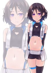 Rule 34 | 1girl, alternate costume, black shorts, black thighhighs, brown hair, closed mouth, crop top, hair between eyes, highres, jacket, levana violette (lusan666), lusan666, midriff, navel, original, purple eyes, shorts, single thighhigh, stomach, thighhighs, white background, white jacket