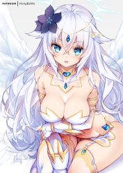 Rule 34 | 1girl, :d, bare shoulders, black flower, black heart (neptunia), blue eyes, blush, breasts, cleavage, collarbone, commentary, english commentary, flower, four goddesses online: cyber dimension neptune, gauntlets, grey background, hair between eyes, hair flower, hair ornament, halo, hong (white spider), large breasts, leaning forward, long hair, looking at viewer, navel, neptune (series), noire (neptunia), open mouth, sitting, smile, solo, very long hair, white hair