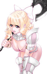 Rule 34 | 1girl, armor, axe, battle axe, blonde hair, bow, breasts, charlotte (fire emblem), cleavage, female focus, fire emblem, fire emblem fates, hair bow, holding, holding weapon, large breasts, leaning forward, lips, lipstick, long hair, makeup, nintendo, pauldrons, pink lips, purple eyes, shoulder armor, simple background, solo, spikes, tuqi, tuqi pix, vambraces, weapon, white bow