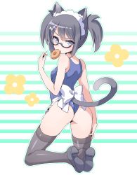 Rule 34 | 1girl, animal ears, apron, ass, black hair, black thighhighs, blue eyes, blush, cat ears, cat tail, doughnut, flower (symbol), food, food in mouth, from behind, full body, glasses, maid headdress, mouth hold, one-piece swimsuit, one-piece thong, pop&#039;n music, root@chou dou-ken, shouni (sato3), solo, striped, striped background, swimsuit, tail, thighhighs, twintails