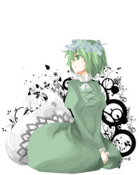Rule 34 | 1girl, bad id, bad pixiv id, dress, female focus, floral print, flower, ghost, ghost tail, green dress, green eyes, green hair, hachi-kun, hands on lap, head wreath, long sleeves, looking away, matching hair/eyes, multiple tails, no headwear, no headwear, open mouth, seiza, short hair, sitting, soga no tojiko, solo, tail, touhou, white background