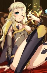 Rule 34 | 1girl, ahoge, artist name, blonde hair, blue eyes, blush, breasts, breasts out, cape, circlet, closed mouth, fire emblem, fire emblem fates, highres, long hair, looking at viewer, medium breasts, nintendo, nipples, obakeart, one eye closed, ophelia (fire emblem), sitting, smile, solo, thighhighs, torn clothes