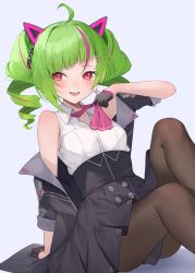 Rule 34 | 1girl, ahoge, animal ear hairband, animal ears, armpit crease, black gloves, black jacket, black pantyhose, black skirt, blush, breasts, cat ear hairband, cat ears, collared shirt, delruki, delutaya, drill hair, earrings, fake animal ears, gloves, green hair, hairband, half gloves, handkerchief, highres, indie virtual youtuber, jacket, jacket partially removed, jewelry, jmao, knee up, blue background, looking at viewer, multicolored hair, open mouth, pantyhose, pink hair, red eyes, shirt, sitting, skirt, sleeveless, sleeveless shirt, small breasts, solo, streaked hair, teeth, triangle hair ornament, triangle print, twin drills, twintails, two-tone hair, unbuttoned, unbuttoned shirt, upper teeth only, virtual youtuber, white shirt