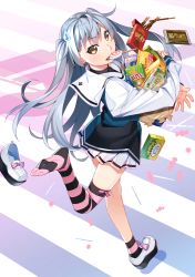 Rule 34 | 1girl, asymmetrical legwear, bag, brand name imitation, candy, chocolate, chocolate bar, dropping, food, full body, grisaia (series), grisaia phantom trigger, grocery bag, holding, holding bag, lollipop, long hair, long sleeves, looking at viewer, looking back, mouth hold, official art, pleated skirt, pocky, running, shishigaya touka, shoe loss, shoes, shopping bag, silver hair, skirt, solo, striped clothes, striped legwear, striped thighhighs, sweatdrop, thighhighs, two side up, uneven legwear, unworn shoes, watanabe akio