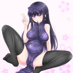 Rule 34 | 1girl, black hair, black panties, black thighhighs, blush, bow, breasts, cameltoe, chicken tatsumaki curry, china dress, chinese clothes, cleft of venus, closed mouth, commentary request, cookie (touhou), covered erect nipples, covered navel, dress, earrings, flower, full body, hair bow, highres, hime cut, jewelry, long hair, looking at viewer, medium breasts, mouth hold, no shoes, panties, panties in mouth, pink flower, purple bow, purple dress, purple eyes, shunga youkyu, sidelocks, smile, soles, solo, star (symbol), star earrings, star sapphire, thighhighs, toes, touhou, underwear, v, very long hair, white background