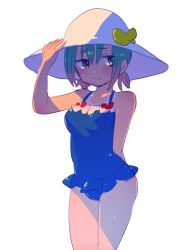 Rule 34 | 1girl, alternate costume, arm behind back, blue one-piece swimsuit, blush, bow, breasts, brown hair, butterfly hat ornament, closed mouth, dripping, frilled one-piece swimsuit, frills, gradient hair, green eyes, green hair, hanada hyou, hand on headwear, hat, hat ornament, light smile, looking to the side, medium breasts, multicolored hair, one-piece swimsuit, original, red bow, shadow, sun hat, swimsuit, two-tone hair, wet, white hat