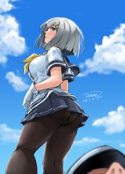 Rule 34 | 10s, 1girl, 2015, admiral (kancolle), animal print, ass, black pantyhose, blue eyes, blush, breasts, cat panties, cat print, crotch seam, dated, day, gloves, gusset, hair ornament, hairclip, hamakaze (kancolle), highres, kantai collection, kneepits, large breasts, panties, panties under pantyhose, pantyhose, print panties, school uniform, serafuku, short hair, signature, silver hair, skirt, solo focus, tachibana roku, underwear, white gloves
