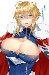 Rule 34 | 1girl, ahoge, artoria pendragon (fate), artoria pendragon (lancer) (fate), blonde hair, blush, braid, breasts, bursting breasts, cape, cleavage, cleavage cutout, clothing cutout, crown, fate/grand order, fate (series), flying sweatdrops, fur trim, gauntlets, green eyes, hair between eyes, hair ornament, highres, large breasts, looking at viewer, onineko-chan, open mouth, saber (fate), short hair, solo, sweat, teeth, translated, upper body