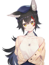 Rule 34 | 1girl, animal ear fluff, animal ears, beret, black hair, blue hat, brown eyes, brown jacket, closed mouth, collarbone, covered collarbone, eyebrows hidden by hair, hair between eyes, hair ornament, hairclip, hat, head tilt, highres, hololive, jacket, long hair, looking at viewer, low ponytail, multicolored hair, off shoulder, ookami mio, ookami mio (street), open clothes, open jacket, ponytail, red hair, see-through, shirt, simple background, sleeveless, sleeveless shirt, smile, solo, streaked hair, tugo, upper body, very long hair, virtual youtuber, white background, white shirt, wolf ears, x hair ornament