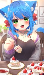 Rule 34 | :d, animal ears, black shirt, blue hair, blue string, blurry, blurry background, blush, bow, breasts, cafe, cake, cat ears, cleavage, cup, fangs, feeding, food, fork, green eyes, hair bow, highres, holding, holding fork, jacket, medium breasts, medium hair, mia (michiru donut), michiru donut, open mouth, original, red bow, restaurant, sample watermark, shirt, smile, solo, table, tea, teacup, watermark