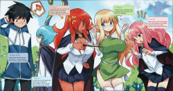 Rule 34 | 1boy, 4girls, ?, absurdres, blue eyes, blush, breast envy, breasts, cape, character name, elf, english text, flat chest, glasses, hard-translated, highres, hiraga saito, huge breasts, kirche augusta frederica von anhalt zerbst, long hair, louise francoise le blanc de la valliere, multiple girls, non-web source, pentacle, pink hair, pointy ears, red eyes, red hair, scan, tabitha (zero no tsukaima), thighhighs, third-party edit, tiffania westwood, translated, usatsuka eiji, wand, zero no tsukaima, zettai ryouiki