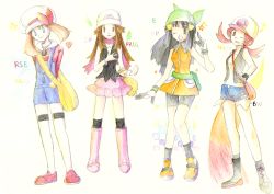 Rule 34 | 4girls, alternate costume, bad id, bad pixiv id, bag, beanie, black hair, boots, brown hair, copyright name, cosplay, costume switch, creatures (company), dawn (pokemon), dawn (pokemon) (cosplay), game freak, gloves, hat, hilda (pokemon), hilda (pokemon) (cosplay), kurara ark, leaf (pokemon), long hair, lyra (pokemon), lyra (pokemon) (cosplay), may (pokemon), may (pokemon) (cosplay), multiple girls, nintendo, pink footwear, pokemon, pokemon bw, pokemon dppt, pokemon frlg, pokemon hgss, pokemon rse, scarf, skirt, traditional media, twintails