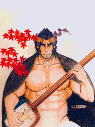 Rule 34 | 1boy, abs, absurdres, autumn leaves, bara, bare pectorals, blue hair, broken horn, closed eyes, clothes on shoulders, colored pencil (medium), concentrating, cowboy shot, dark blue hair, demon boy, demon horns, facial hair, fiery horns, haori, highres, horns, instrument, instrument request, japanese clothes, large pectorals, long sideburns, male focus, mature male, muscular, muscular male, music, navel, nipples, pectorals, pisukesu (pis ces), playing instrument, scar, scar on neck, short hair, sideburns, solo, stomach, strongman waist, stubble, takemaru (housamo), thick eyebrows, tokyo houkago summoners, traditional media, tusks, v-shaped eyebrows