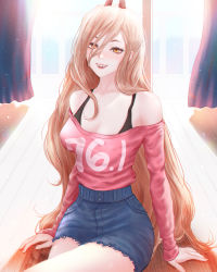 Rule 34 | 1girl, blonde hair, breasts, chainsaw man, cleavage, cross-shaped pupils, demon horns, hair between eyes, highres, horns, long hair, looking at viewer, mcdobo, medium breasts, off shoulder, open mouth, pink hair, power (chainsaw man), red horns, ringed eyes, sharp teeth, sitting, solo, symbol-shaped pupils, teeth, yellow eyes