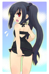 Rule 34 | adjusting clothes, adjusting swimsuit, black hair, casual one-piece swimsuit, fang, frilled swimsuit, frills, from behind, halterneck, kooh, long hair, looking back, one-piece swimsuit, open mouth, otoutogimi, pangya, profile, red eyes, solo, sweatdrop, swimsuit, twintails