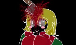 Rule 34 | black background, blood, cleaver, glasses, happy, red shirt, shirt, upper body