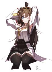 Rule 34 | 10s, 1girl, ahoge, armpits, arms up, bad id, bad twitter id, black footwear, black thighhighs, blue eyes, boots, breasts, brown hair, brown skirt, cropped legs, detached sleeves, hairband, headgear, highres, japanese clothes, kantai collection, kongou (kancolle), large breasts, long hair, looking to the side, nontraditional miko, one eye closed, pemu, pomon illust, ribbon-trimmed sleeves, ribbon trim, sitting, skirt, solo, thigh boots, thighhighs, wide sleeves