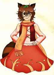 Rule 34 | 1girl, animal ears, brown eyes, brown hair, futatsuiwa mamizou, glasses, highres, jacket, leaf, leaf on head, long scarf, looking at viewer, moonywitcher, raccoon ears, raccoon tail, scarf, short hair, simple background, smile, solo, tail, touhou, white background