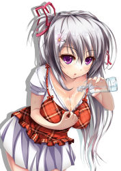 Rule 34 | 1girl, :o, bat rockers, black legwear, bottle, breasts, cleavage, hair ornament, hairclip, holding, long hair, making-of available, mijinko (b@d luckers), original, plaid, pouring, purple hair, shadow, silver hair, simple background, skirt, solo, water, water bottle, white background