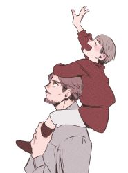 Rule 34 | 2boys, ^ ^, aged down, arm on own head, arm up, boots, brown footwear, carrying, child, closed eyes, commentary, dungeon meshi, extra, father and son, from side, grey hair, grey shirt, highres, holding another&#039;s leg, knee boots, kuntama11, laios touden, laughing, long sleeves, looking away, looking up, male focus, multiple boys, pants, reaching, red tunic, shirt, shoulder carry, simple background, white background