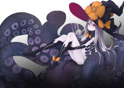 Rule 34 | 1girl, :o, abigail williams (fate), abigail williams (third ascension) (fate), absurdres, black bow, black gloves, black hat, black panties, black socks, bow, commentary request, elbow gloves, fate/grand order, fate (series), gloves, gradient background, grey background, hat, hat bow, highres, hugging own legs, kneehighs, lilcat, long hair, looking at viewer, orange bow, pale skin, panties, parted bangs, parted lips, polka dot, polka dot bow, purple eyes, revealing clothes, socks, solo, suction cups, tentacles, topless, underwear, very long hair, white background, white hair, witch hat