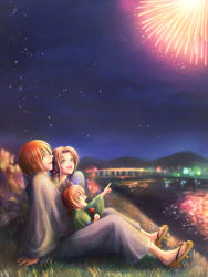 Rule 34 | 1girl, 2boys, :d, aerial fireworks, arm support, black hair, blurry, bokeh, bridge, brown eyes, brown hair, candy apple, depth of field, family, father and son, fireworks, food, geta, grass, grey eyes, hand fan, highres, himura kenji, himura kenshin, husband and wife, japanese clothes, kamiya kaoru, kimono, long hair, long sleeves, looking afar, looking up, maki (maki ruro), mother and son, multiple boys, night, night sky, no socks, on ground, open mouth, outstretched arm, paper fan, people, pointing, profile, red hair, river, rurouni kenshin, sitting, sky, smile, star (sky), uchiwa, water, yukata