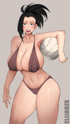 Rule 34 | 1girl, armpits, artist name, ball, bikini, black eyes, black hair, blush, bob (bobtheneet), boku no hero academia, breasts, cameltoe, cleavage, cleft of venus, collarbone, curvy, female pubic hair, highres, holding, holding ball, huge breasts, long hair, looking at viewer, navel, open mouth, ponytail, pubic hair, pussy, see-through, solo, stomach, swimsuit, thick thighs, thighs, volleyball (object), yaoyorozu momo