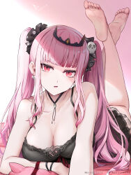 Rule 34 | 1girl, absurdres, barefoot, black nightgown, black ribbon, breasts, cleavage, dress, hair ornament, highres, hololive, hololive english, jewelry, legs up, long hair, looking at viewer, lying, medium breasts, mori calliope, mori calliope (sleepwear), necklace, nightgown, on stomach, parted lips, pink eyes, pink hair, qiaogun damodao, ribbon, skull hair ornament, skull print, solo, twintails, virtual youtuber