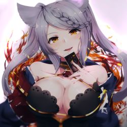 Rule 34 | 1girl, animal ears, bare shoulders, black dress, blush, braid, braided bangs, breasts, card, cleavage, dress, erune, fire, fraux, gradient background, granblue fantasy, grey hair, highres, hooded robe, large breasts, long hair, long sleeves, looking at viewer, open mouth, robe, ryuu., sidelocks, smile, solo, swept bangs, twintails, yellow eyes