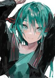 Rule 34 | 1girl, arms up, black jacket, blue eyes, blue hair, blue shirt, closed mouth, hair between eyes, hatsune miku, highres, jacket, looking at viewer, shirt, simple background, skyn blue, smile, solo, upper body, vocaloid, white background