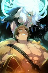 Rule 34 | 1boy, 1girl, artemis (fate), bare shoulders, black dress, bracelet, breasts, brown eyes, brown hair, character name, chest harness, cleavage, dress, echo (circa), fate/grand order, fate (series), gradient dress, grin, harness, jewelry, large breasts, long hair, looking up, muscular, muscular male, necklace, pelt, short hair, smile, super orion (fate), thick eyebrows, white hair