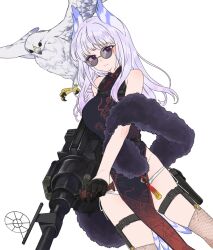 Rule 34 | 1girl, bird, bird tail, china dress, chinese clothes, dress, falcon, feather boa, fishnet thighhighs, fishnets, gun, heidimarie w. schnaufer, holding, holding gun, holding weapon, ika (hinatu1992), panties, red eyes, strike witches, sunglasses, tail, talons, thigh strap, thighhighs, underwear, weapon, weapon request, white background, world witches series