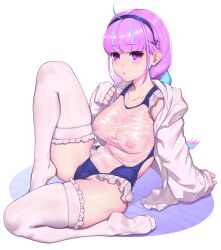 Rule 34 | 1girl, absurdres, blue hairband, breasts, colored inner hair, frilled thighhighs, frills, hairband, highres, hololive, looking at viewer, medium breasts, minato aqua, multicolored hair, nipples, purple eyes, purple hair, rat huang, see-through, simple background, sitting, solo, streaked hair, thighhighs, two-tone hair, virtual youtuber, white background