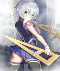 Rule 34 | 1girl, alternate costume, bandaged arm, bandages, bandaid, bandaid on hand, bandaid on leg, belt, black thighhighs, blue skirt, blush, brown belt, closed mouth, commentary request, curtains, facial scar, fate/grand order, fate (series), female focus, green eyes, hair between eyes, hand up, holding, indoors, jack the ripper (fate/apocrypha), looking at viewer, looking back, pleated skirt, purple shirt, ruler, scar, scar across eye, scar on cheek, scar on face, shirt, shoulder tattoo, silver hair, skindentation, skirt, sleeveless, sleeveless shirt, solo, tattoo, thighhighs, twitter username, tyone, window