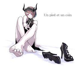 Rule 34 | 1girl, absurdres, bare legs, barefoot, blue hair, blue nails, bob cut, brown hair, crossed ankles, dress, fake horns, feet, female focus, foot focus, unworn footwear, foreshortening, french text, high heels, highres, horns, kesuno, looking at viewer, multicolored hair, nail polish, original, pale skin, pink eyes, simple background, sitting, sleeveless, smile, solo, toes, two-tone hair, white background