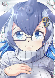 Rule 34 | 10s, 1girl, air bubble, anchor hair ornament, blue eyes, blue hair, blue whale (kemono friends), bubble, chromatic aberration, commentary request, dot nose, fins, glasses, grey hair, hair between eyes, hair ornament, hairclip, hand on own chest, head fins, highres, japari symbol, kemono friends, long hair, long sleeves, looking at viewer, multicolored hair, one-piece swimsuit, ribbed sweater, smile, solo, submerged, sweater, swimsuit, turtleneck, turtleneck sweater, white one-piece swimsuit, white sweater, yasume yukito