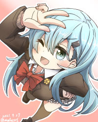 Rule 34 | 1girl, absurdres, aoba (akibajun), aqua eyes, aqua hair, blush, bow, bowtie, brown cardigan, brown footwear, brown skirt, brown thighhighs, brown vest, cardigan, dated, from above, gradient background, hair between eyes, hair ornament, hairclip, hand on own hip, highres, kantai collection, loafers, long hair, one eye closed, open mouth, pleated skirt, red background, red bow, red bowtie, shoes, skirt, smile, solo, suzuya (kancolle), thighhighs, twitter username, v, vest, white background