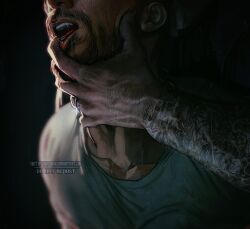 Rule 34 | 2boys, arm tattoo, bara, black shirt, call of duty, call of duty: modern warfare 2, close-up, couple, facial hair, ghost (modern warfare 2), hand in another&#039;s mouth, hand on another&#039;s neck, highres, implied sex, jewelry, male focus, multiple boys, muscular, muscular male, open mouth, ring, saliva, shirt, soap (modern warfare 2), tattoo, twitter username, umikochannart, wedding ring, yaoi