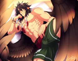 Rule 34 | 1boy, abs, bara, black hair, bulge, crescentia fortuna, elbow rest, feather necklace, feathered wings, fire emblem, fire emblem: radiant dawn, gluteal fold, green shorts, large pectorals, looking at viewer, lying, male focus, medium hair, muscular, muscular male, navel, nintendo, nipples, on bed, on side, pectorals, pointy ears, topless male, shorts, sidelocks, smug, solo, spread legs, spread wings, stomach, thick thighs, thighs, tibarn (fire emblem), wings, yellow eyes