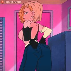 Rule 34 | 1girl, android 18, animated, animated gif, artist name, ass, bent over, black gloves, black panties, blonde hair, bouncing breasts, breasts, denim, dragon ball, dragonball z, dressing, earrings, expressionless, from behind, gloves, grey eyes, high-waist pants, indoors, jeans, jewelry, looking at viewer, looking back, panties, pants, patreon logo, solo, twistedgrim, underwear, vest