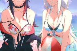 Rule 34 | 2girls, ball, bare shoulders, beach, beachball, bikini, bikini skirt, black hair, breasts, choker, cleavage, fox girl, fox tail, head out of frame, highres, hololive, jacket, jacket partially removed, large breasts, long hair, medium breasts, mochachino, multicolored hair, multiple girls, ookami mio, ookami mio (hololive summer 2019), red hair, shirakami fubuki, shirakami fubuki (hololive summer 2019), smile, streaked hair, swimsuit, tail, virtual youtuber, water, white hair, wolf girl, wolf tail
